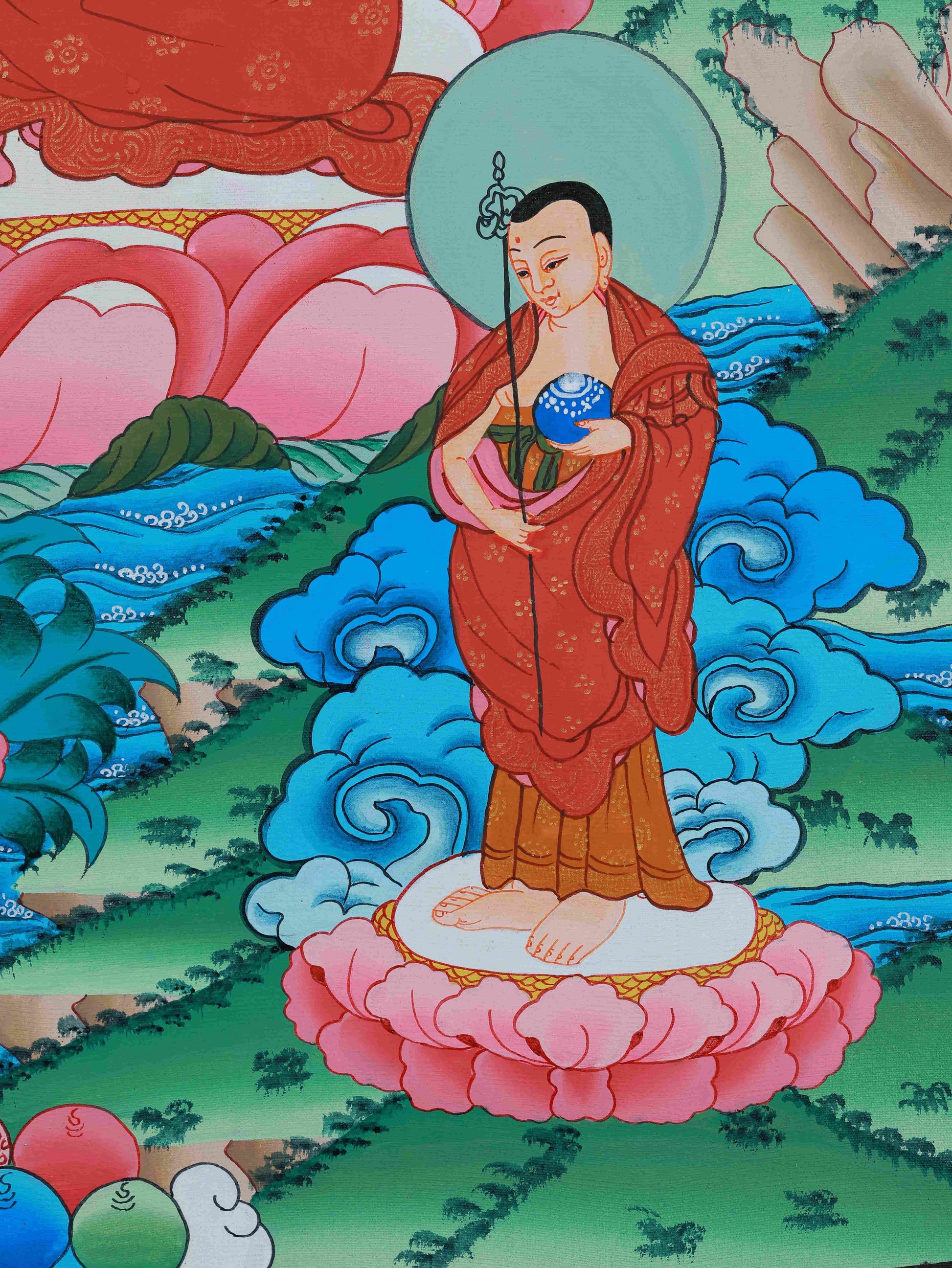 Handcrafted Tibetan Buddhist Thangka painting, featuring Medicine Buddha for wellness and harmony.