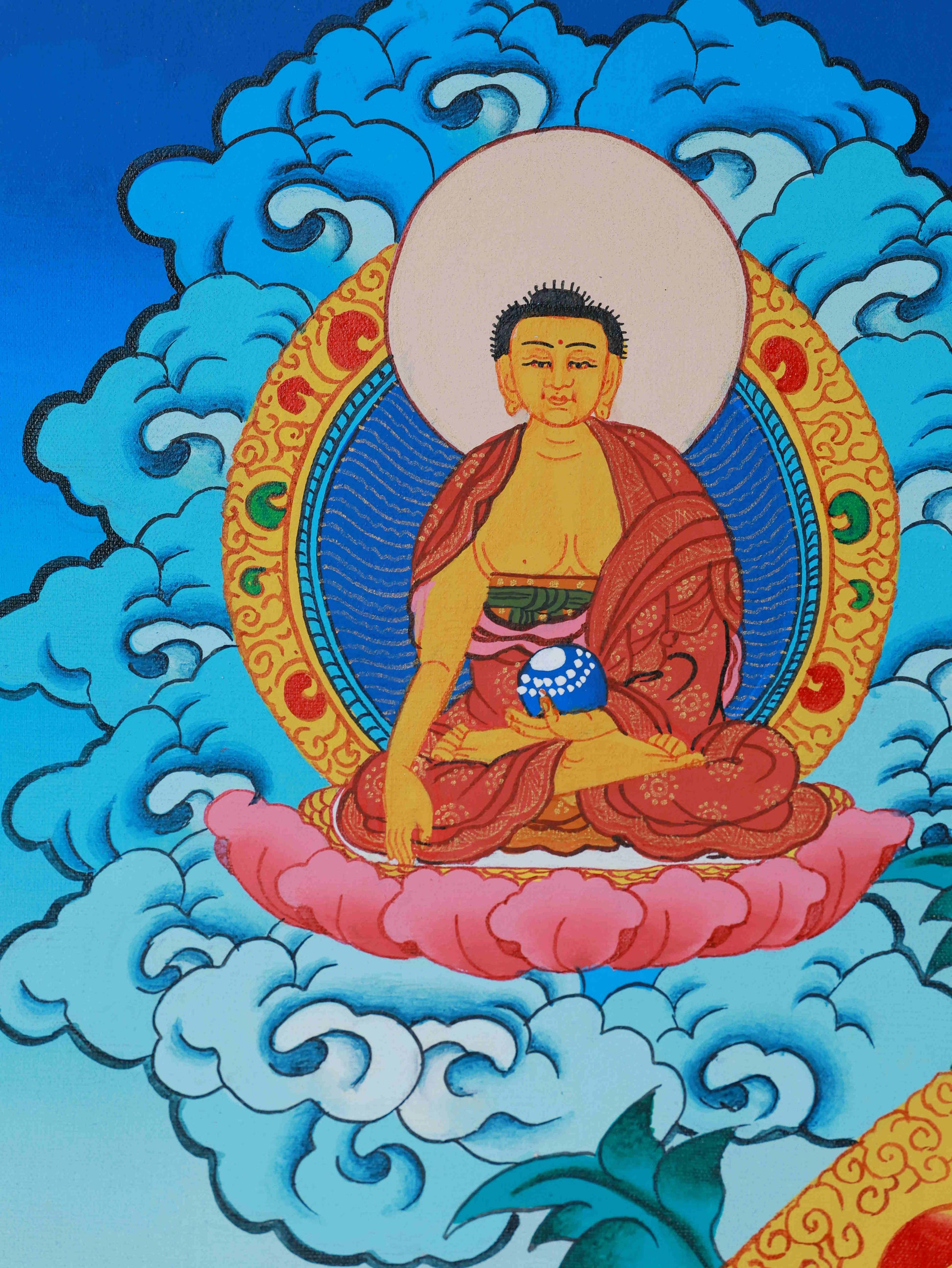 Hand-painted Tibetan Buddhist Medicine Buddha Thangka, sacred art for meditation and spiritual growth.