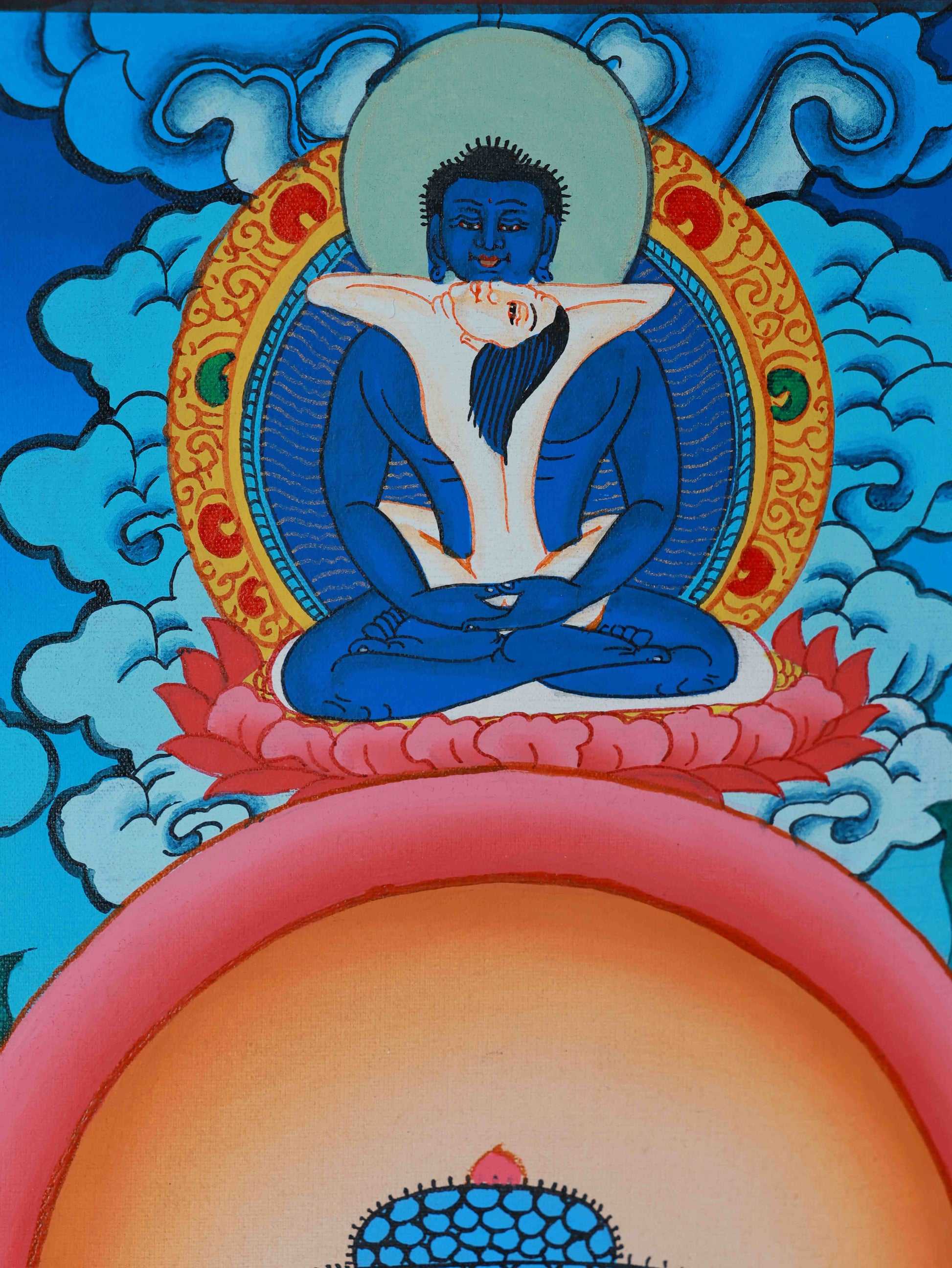 Traditional Tibetan Thangka of Medicine Buddha, hand-painted with mineral pigments for wellness spaces.