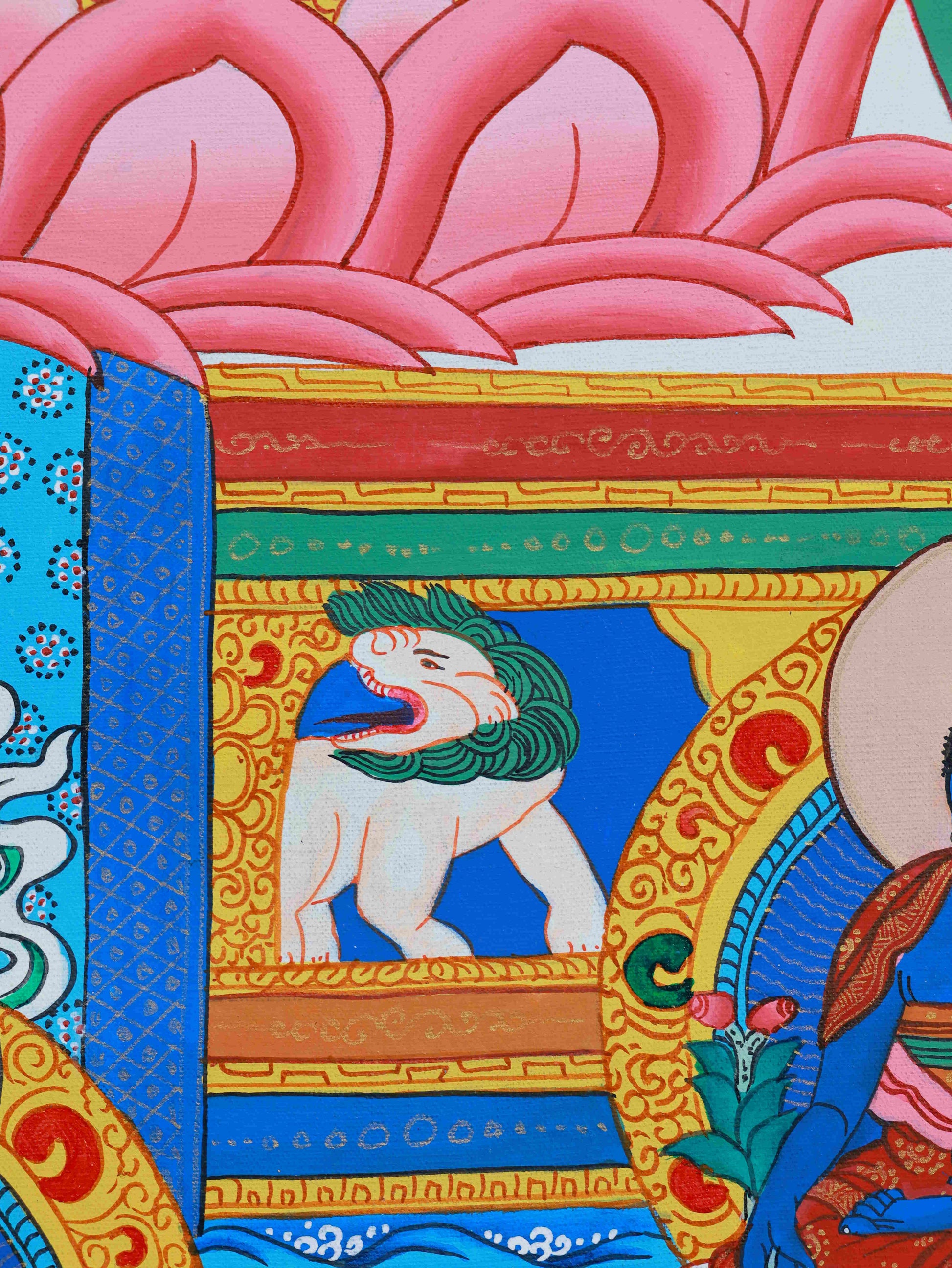 Hand-painted Tibetan Thangka with mineral pigments depicting Medicine Buddha, a sacred healing figure in Buddhism.