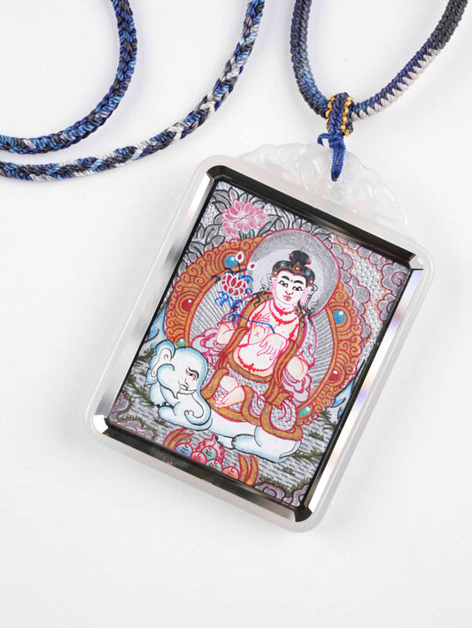 Mini Tibetan Thangka pendant of Samantabhadra for wisdom, compassion, and zodiac blessings.