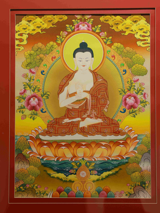 Hand-painted Tibetan Shakyamuni Buddha Thangka representing enlightenment and wisdom.