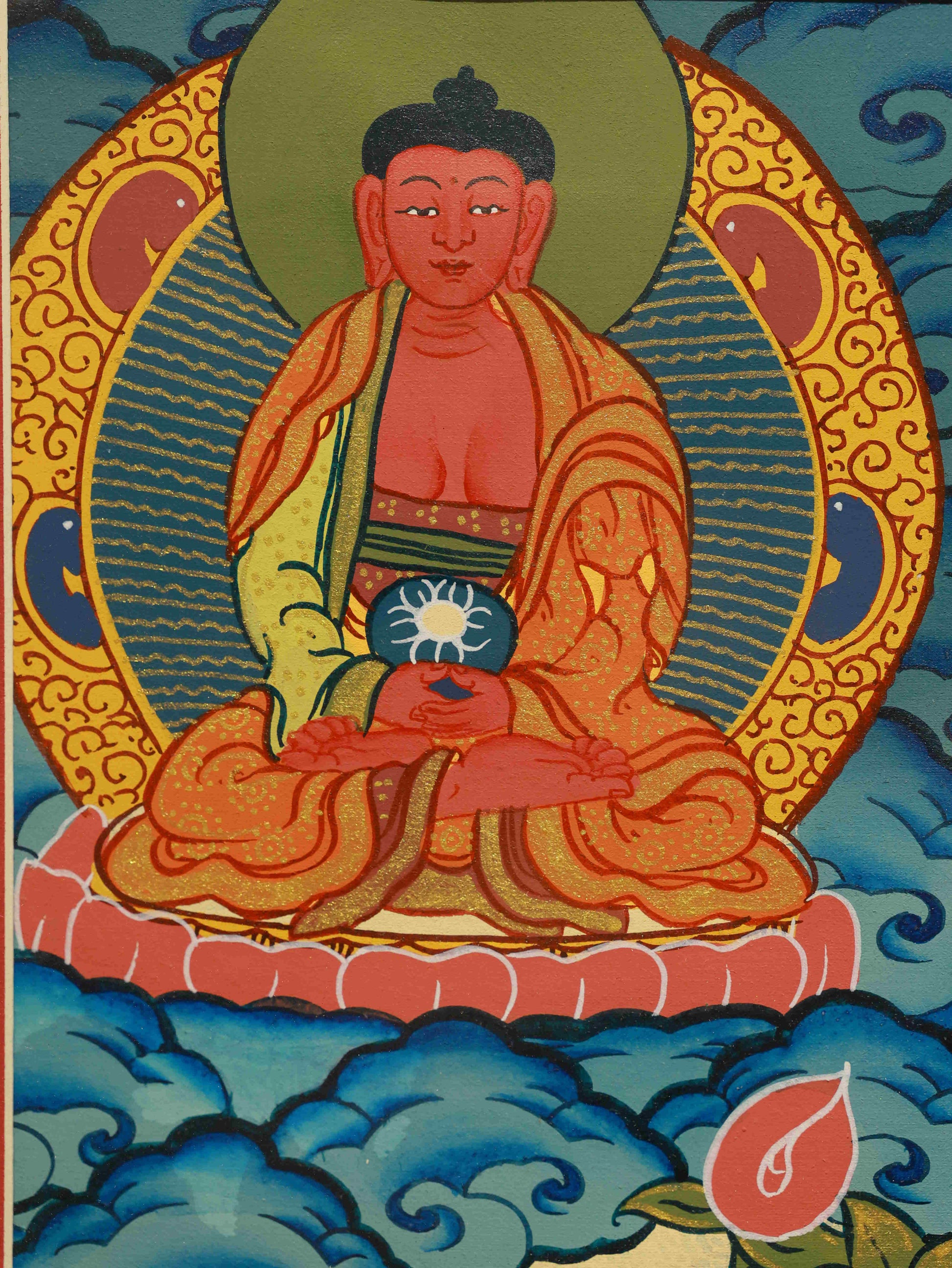 Tibetan Buddhist Thangka painting of Gautama Buddha, a sacred symbol of enlightenment.