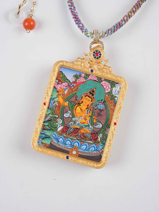 A detailed Thangka of Manjushri seated on a lotus within a sacred mandala. This authentic Tibetan Buddhist art is meticulously hand-painted using natural mineral pigments for lasting brilliance.