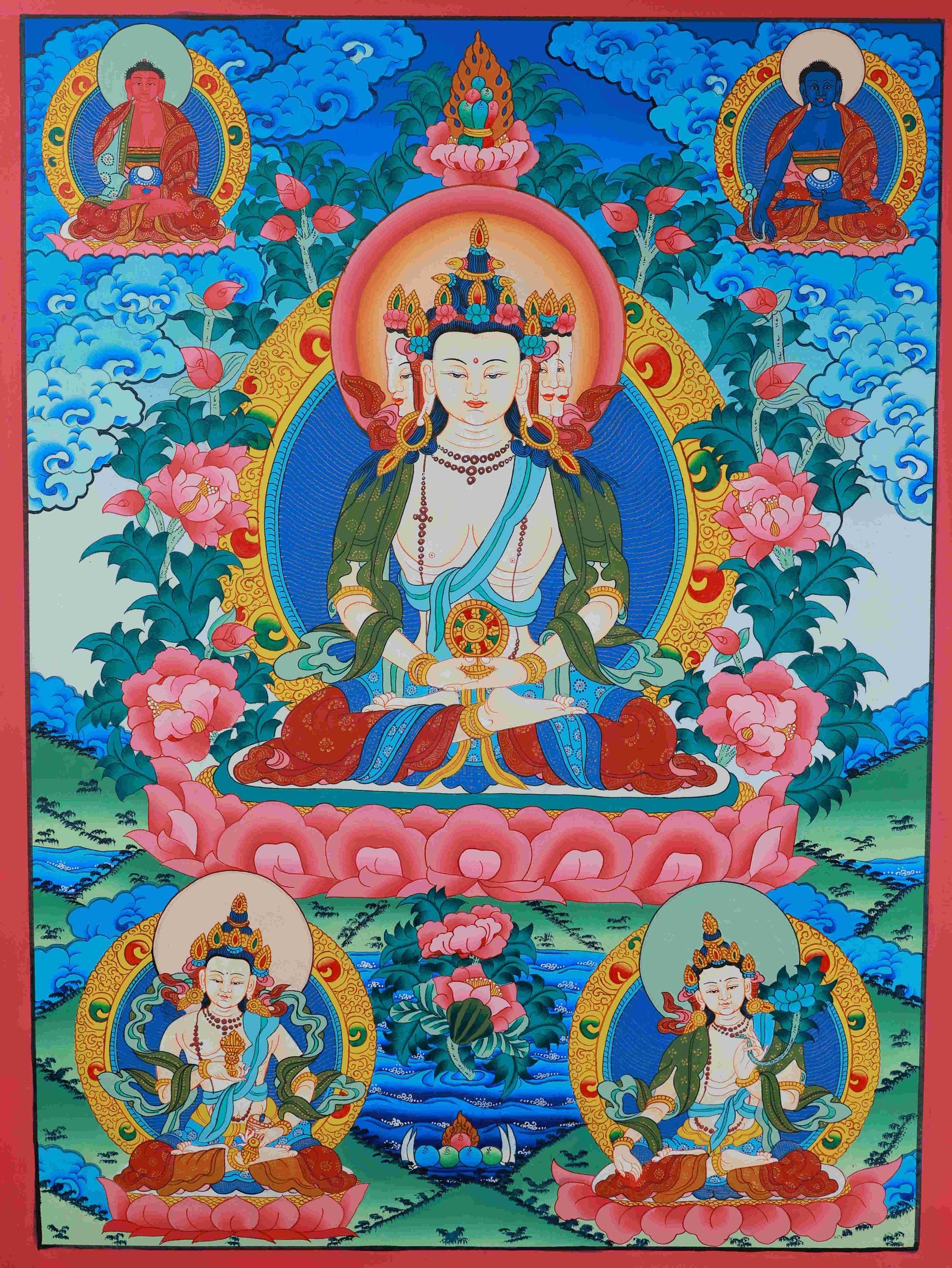 Hand-painted Tibetan Buddhist Vairocana Thangka, 75x50cm, symbolizing universal enlightenment.