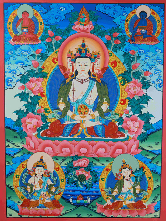 Hand-painted Tibetan Buddhist Vairocana Thangka, 75x50cm, symbolizing universal enlightenment.