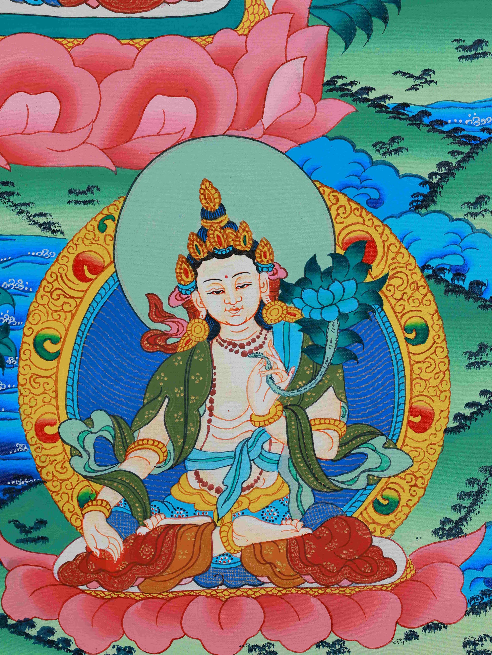 Handcrafted Tibetan Buddhist Thangka painting of Vairocana, ideal for meditation and enlightenment.