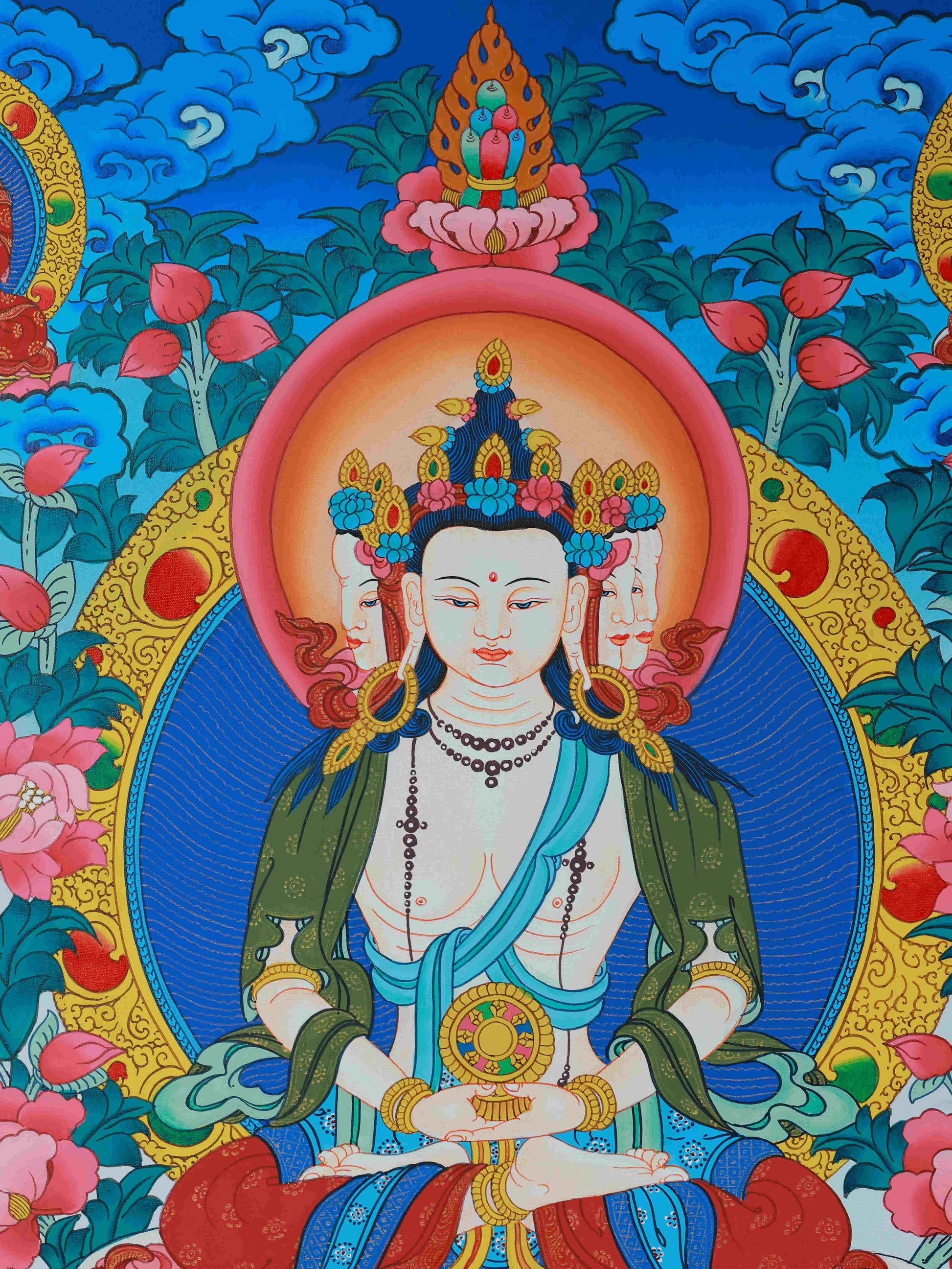 Traditional Vairocana Thangka on canvas, promoting balance, peace, and spiritual clarity.