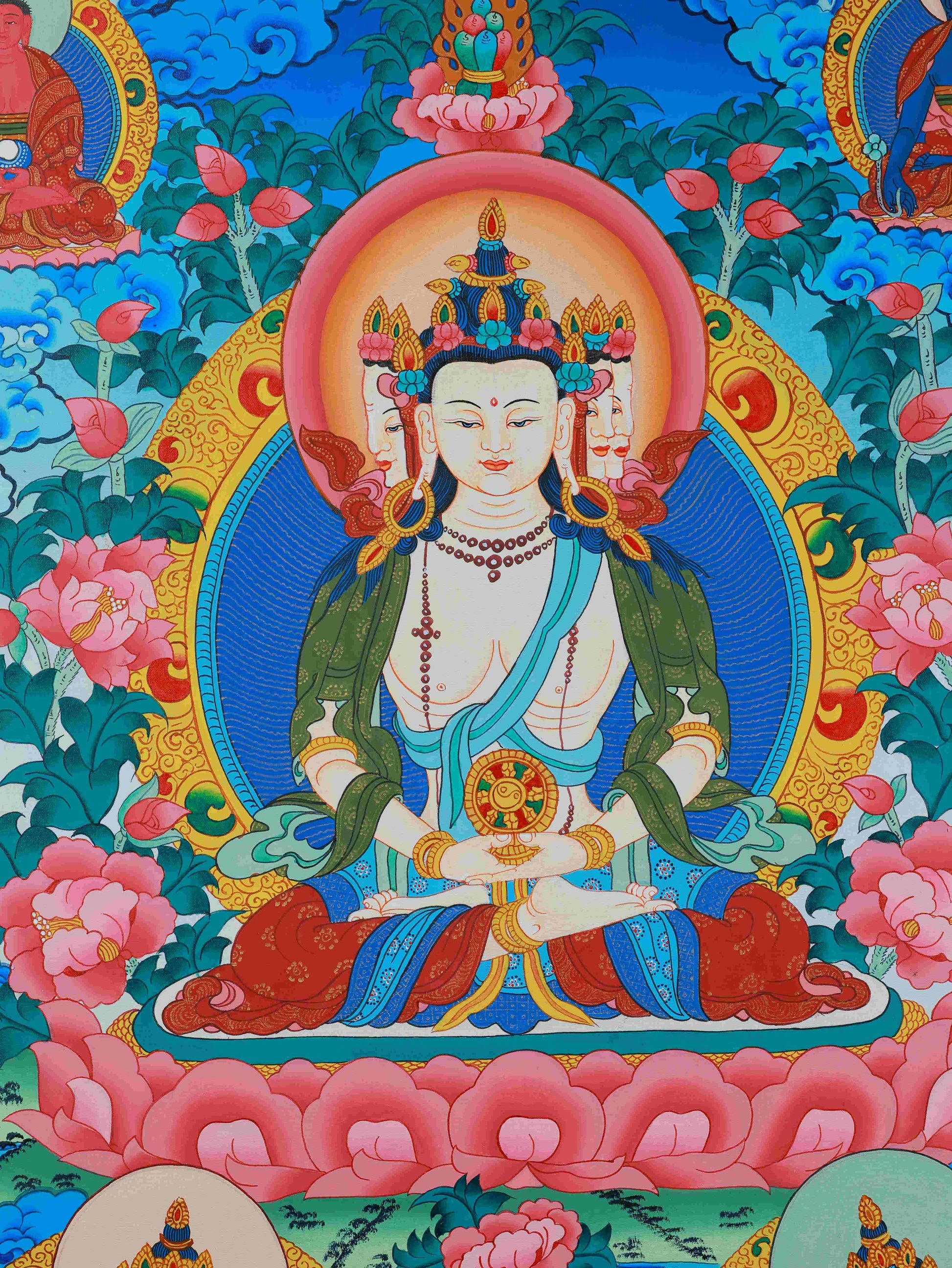 Traditional Tibetan Thangka of Vairocana Buddha, hand-painted, perfect for home, shrine, or cultural display.