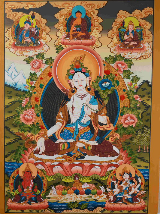 Hand-painted Tibetan Buddhist White Tara Thangka, 75x50cm, symbolizing longevity and compassion.