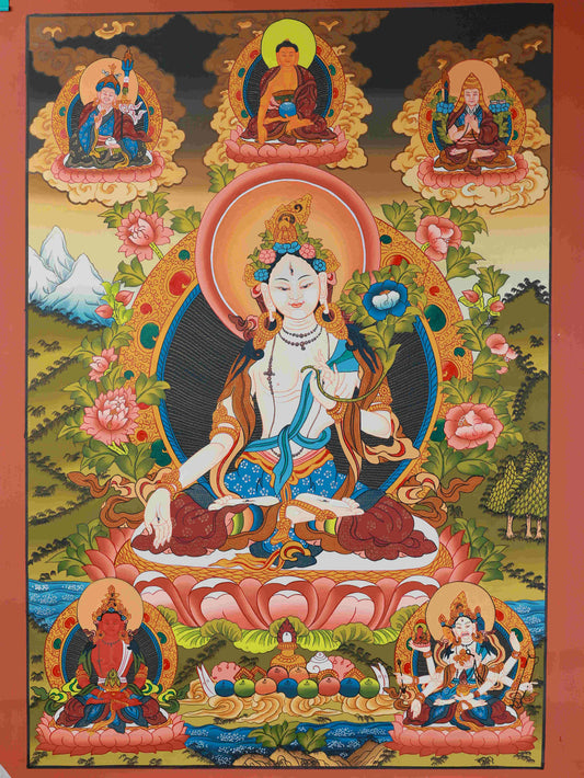 Hand-painted Tibetan Buddhist White Tara Thangka, 75x50cm, symbolizing longevity and compassion.