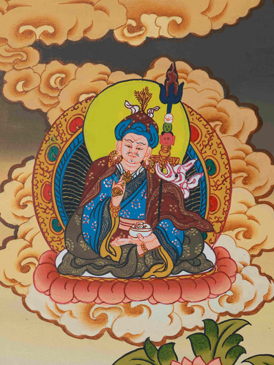 Tibetan Thangka painting of White Tara, hand-painted with mineral pigments, promoting healing and protection.