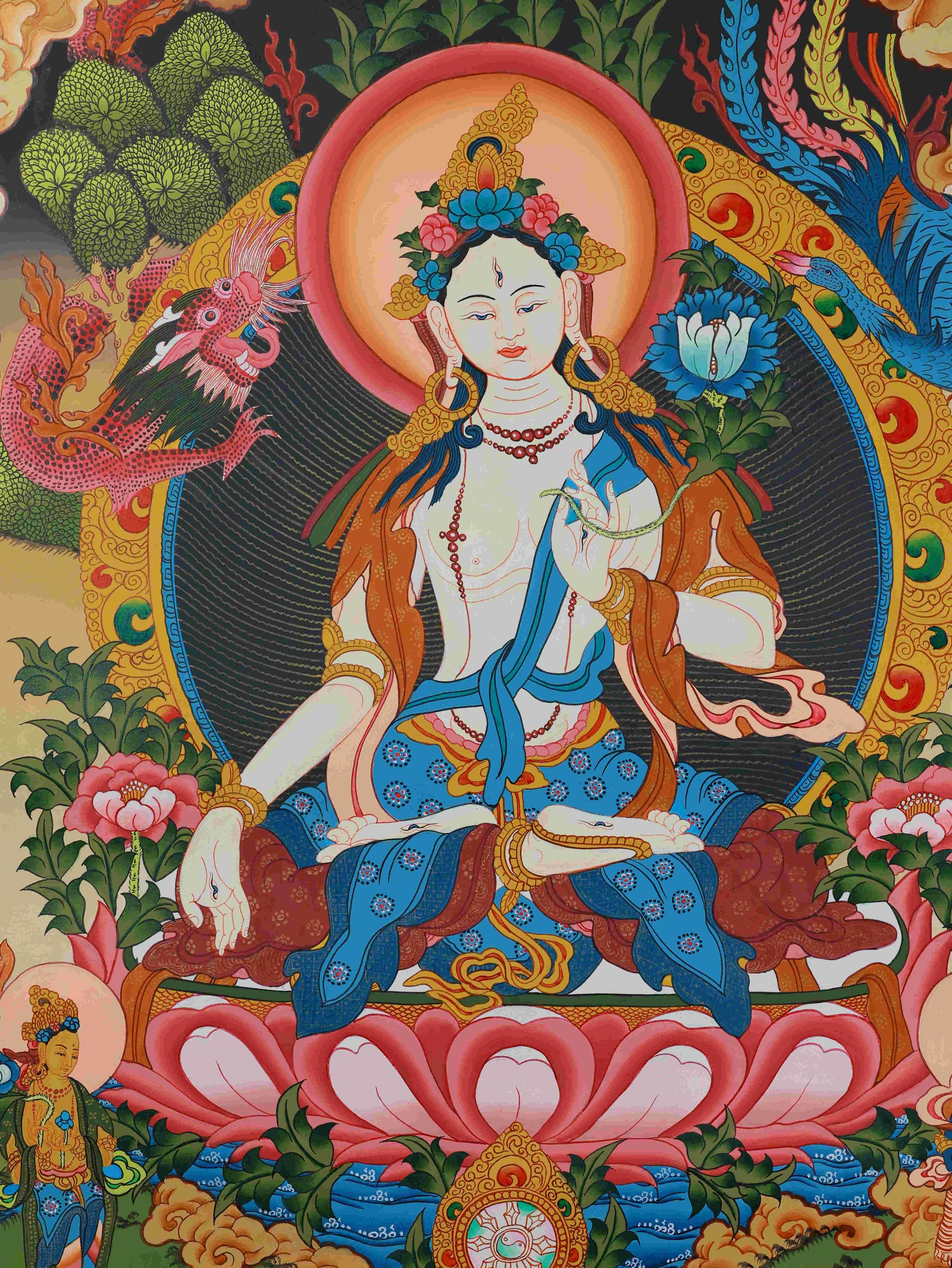Handcrafted Tibetan Buddhist Thangka painting of White Tara, ideal for meditation and spiritual practice.