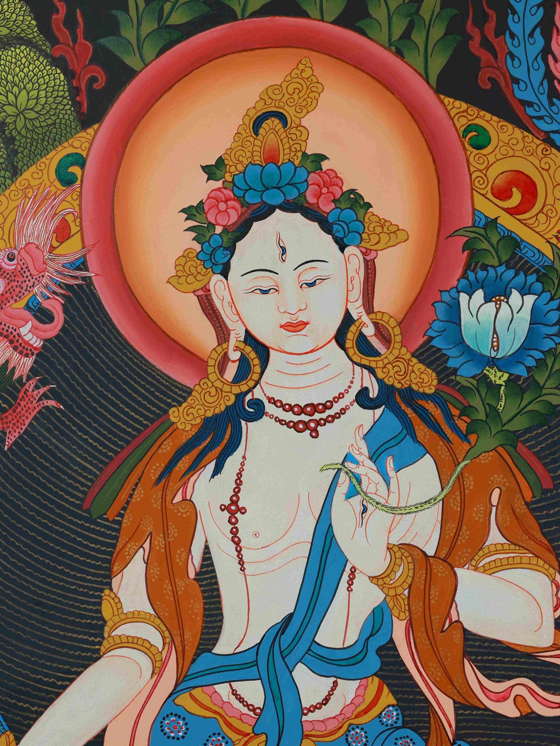 Hand-painted Tibetan Buddhist White Tara Thangka, sacred art for wellness and spiritual growth.