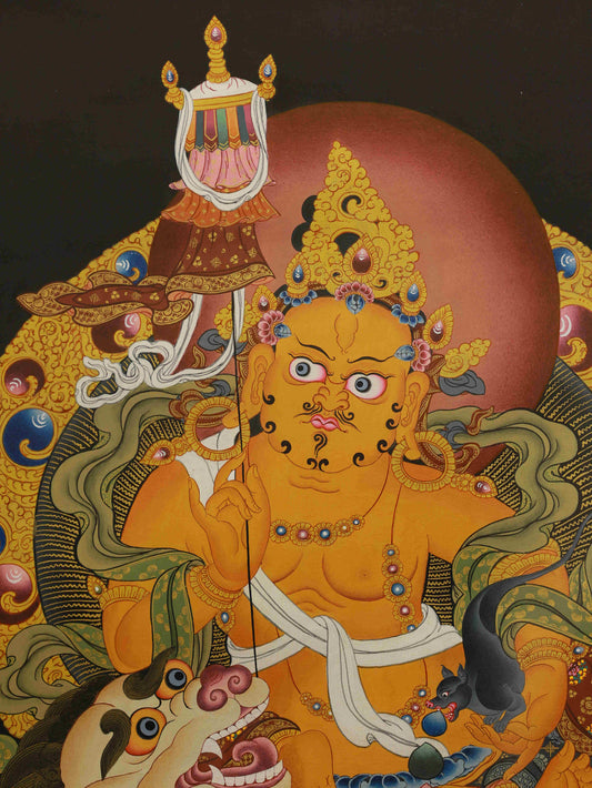 Hand-painted Tibetan Yellow Dzambhala Thangka, symbolizing wealth, abundance, and prosperity blessings.