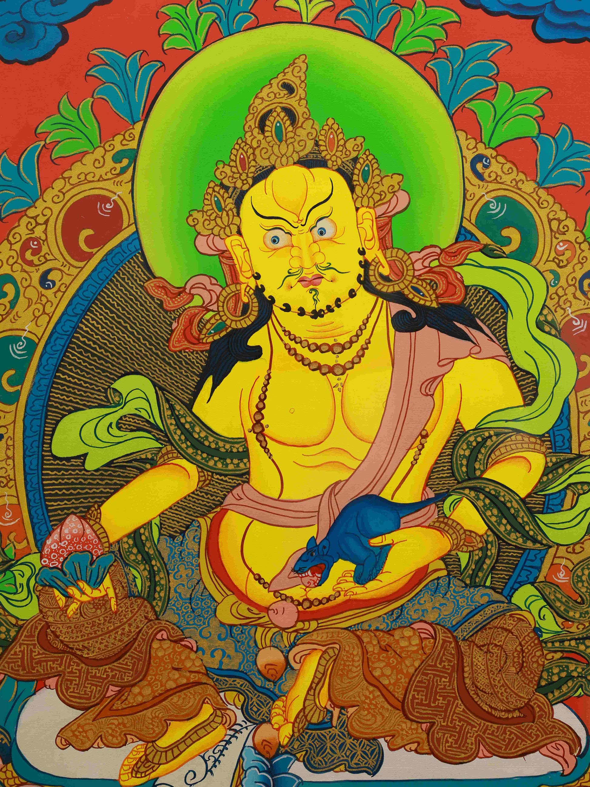 Handcrafted Tibetan Yellow Jambhala Thangka, a powerful wealth and success symbol.