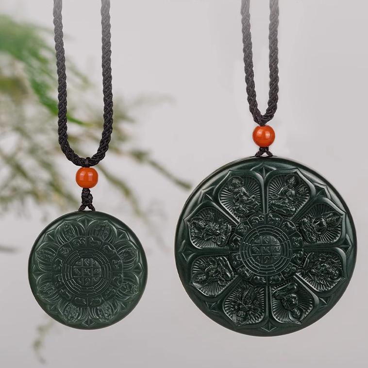 Tibetan-style green jade pendant with agate and black onyx beads, radiating calm, beauty, and protection.