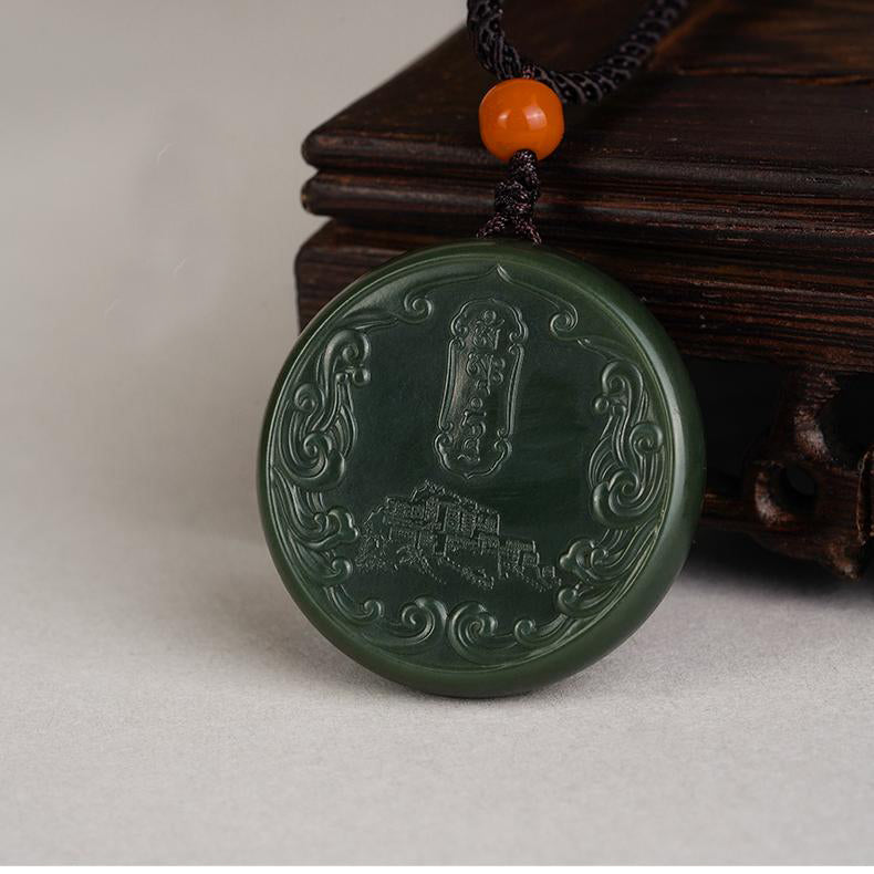 Handmade Hetian jade pendant symbolizing balance, peace, and the heart of Dharma in Tibetan art.