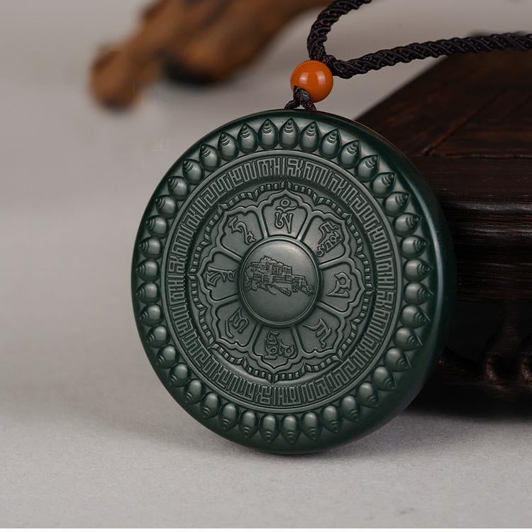 Elegant round Hetian green jade pendant, inspired by Tibetan Buddhist artistry and blessings.