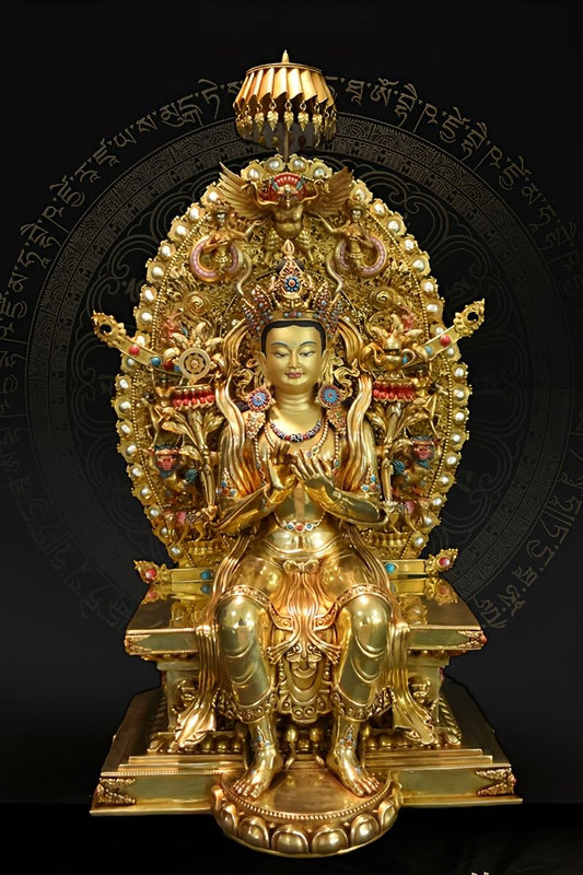 Himalayan Tibetan Buddhist Maitreya Buddha statue with gilded finish and stunning backlight design.