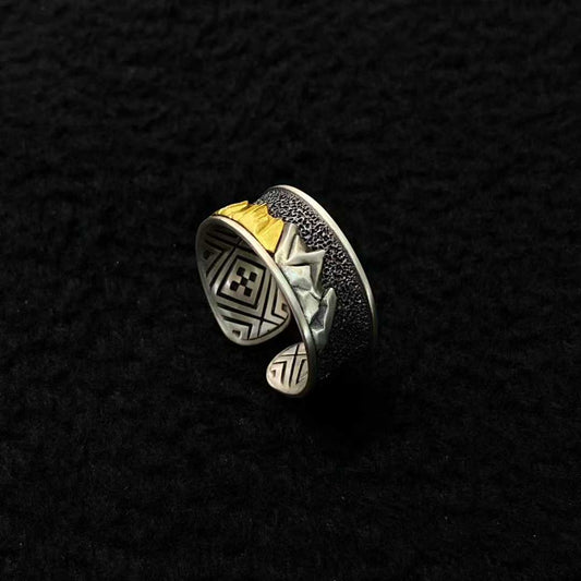 Handcrafted Mount Kailash ring made with solid gold and silver fine inlay.