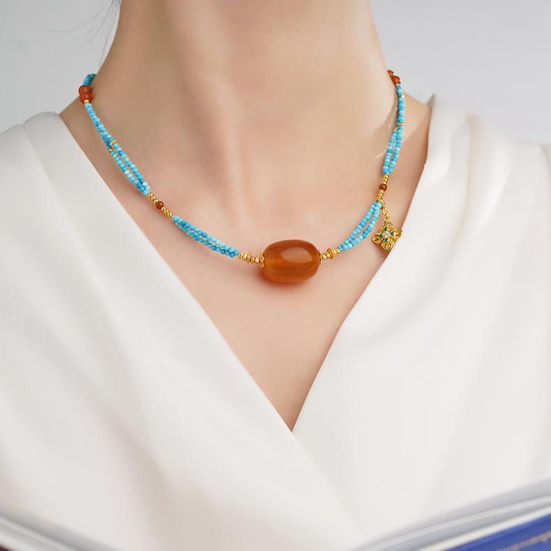 Pure handcraft Tibetan Buddhist amber necklace with 925 silver and natural gemstones.