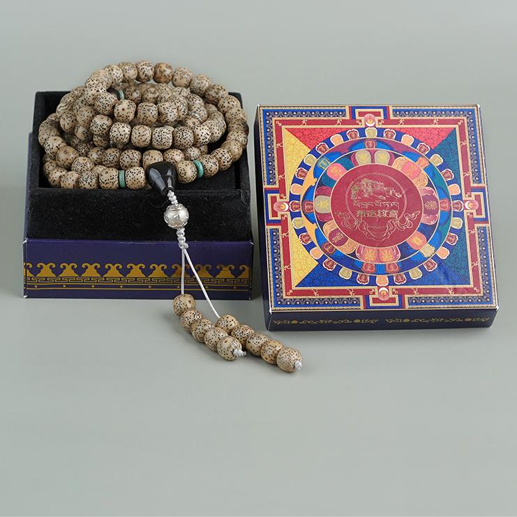 Tibetan Buddhist amulet necklace with Bodhi beads, amber, and silver mantra bead