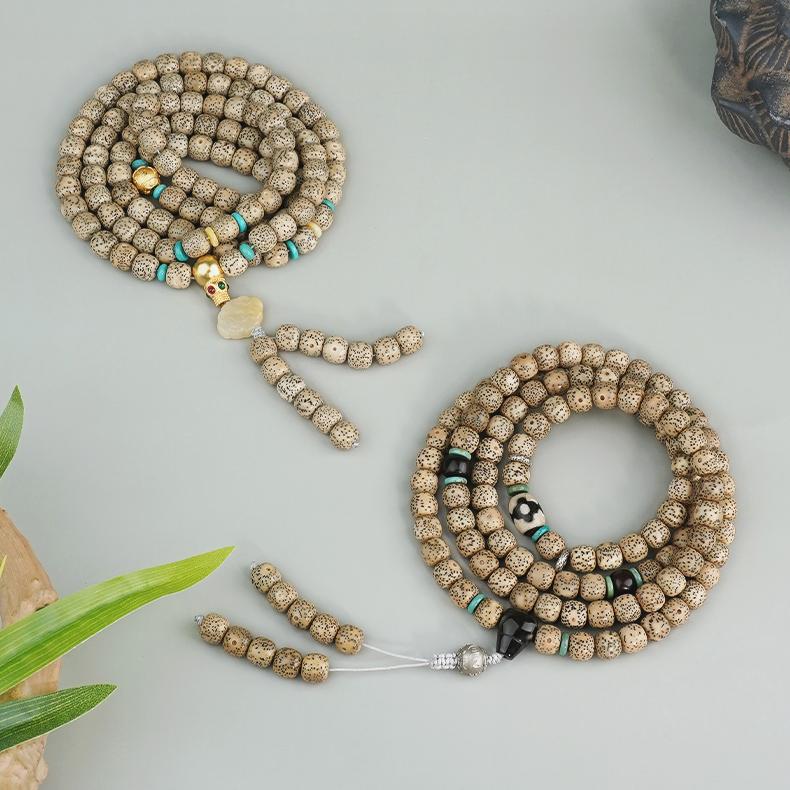 Handmade Tibetan Buddhist Bodhi necklace with silver mantra beads and turquoise