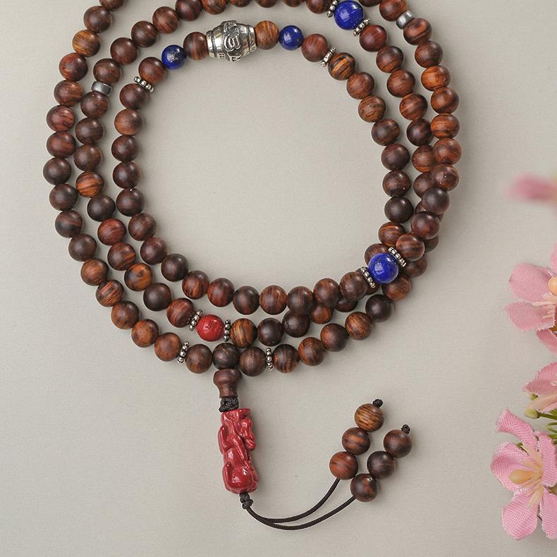 Tibetan-Buddhist Huanghuali mala necklace with lapis lazuli, cinnabar Pixiu, and silver accents, handmade meditation jewelry
