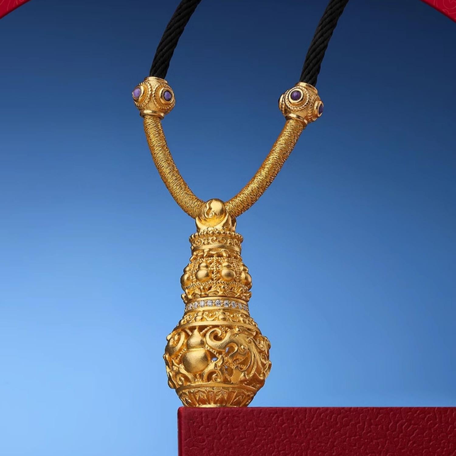 Tibetan Buddhist Hundred Fortunes Gourd and Dragon Pendant in 925 Silver