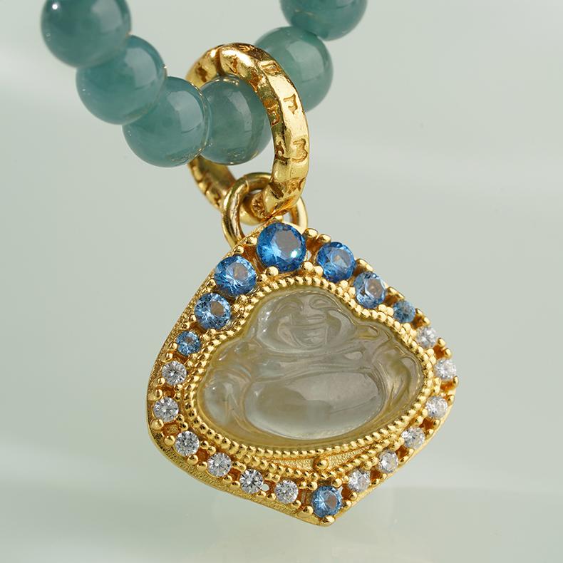 Handmade jade Buddha amulet necklace combining s925 silver mantra beads and green jade.