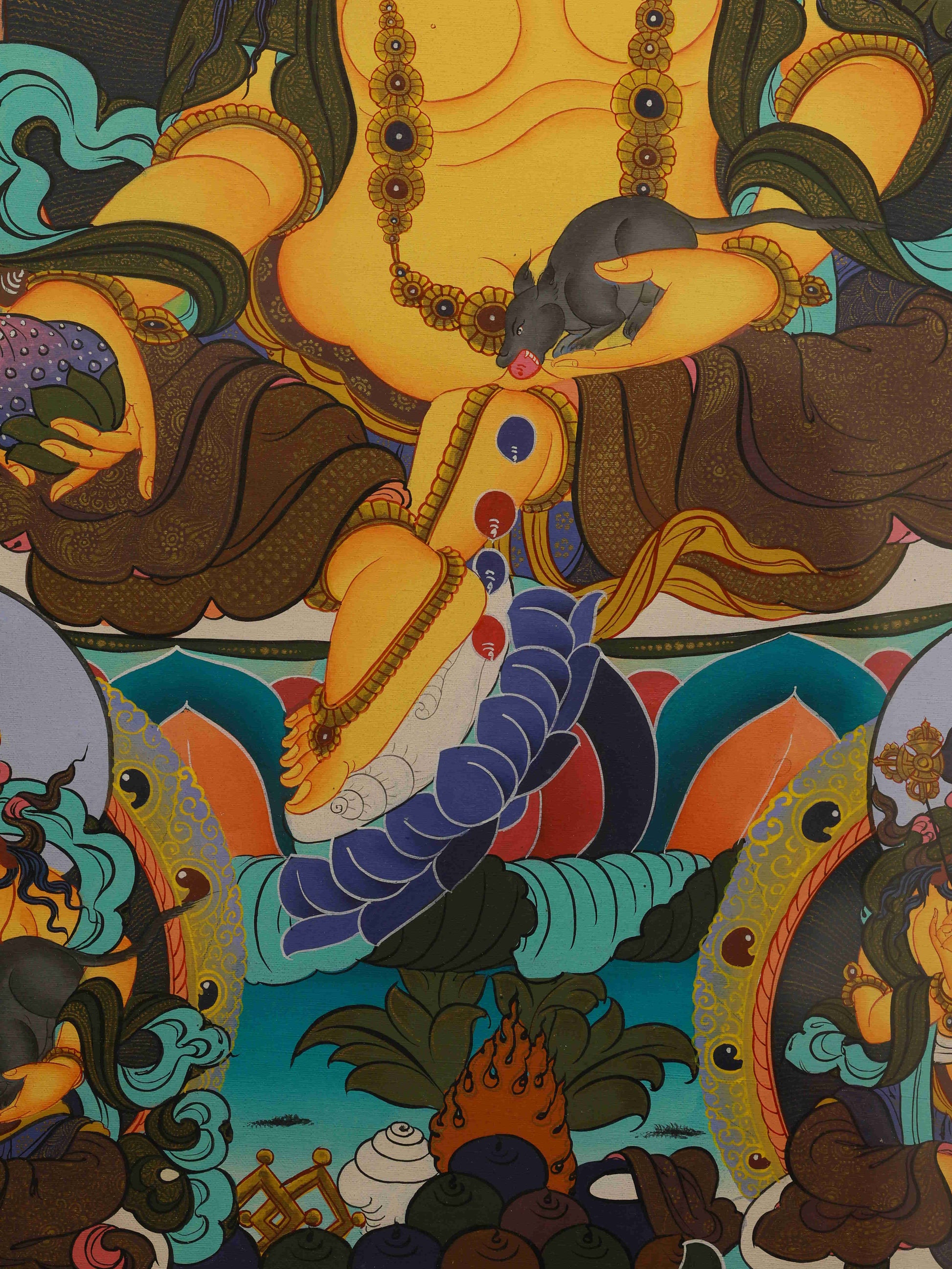 Sacred Yellow Jambhala Thangka on canvas, purely hand-painted by Tibetan artisans with mineral pigments.