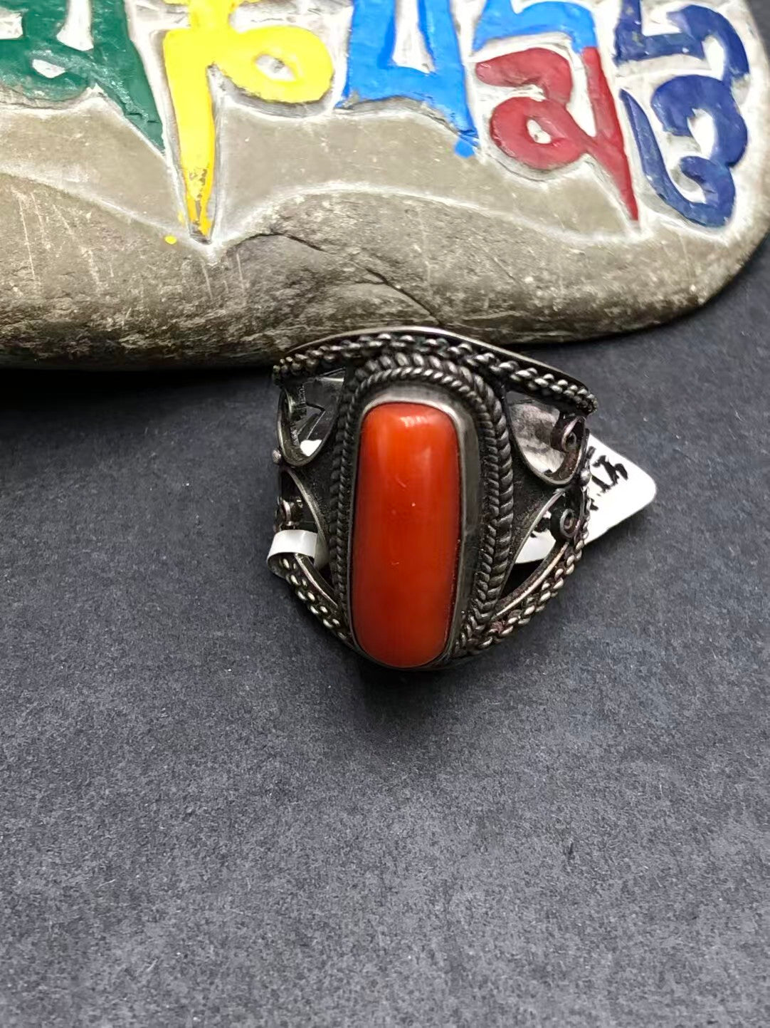 Handmade 925 silver red resin ring from the Tibetan Buddhist Jewelry Culture collection, showcasing intricate jewelry art and hand-painted details.