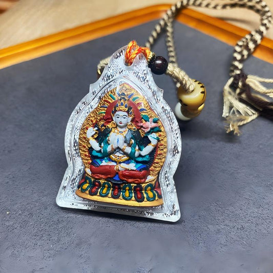Tibetan Buddhist Jewelry Culture hand-painted Four-Armed Avalokiteshvara pendant, mineral pigment tsatsa amulet necklace jewelry art for compassion and protection