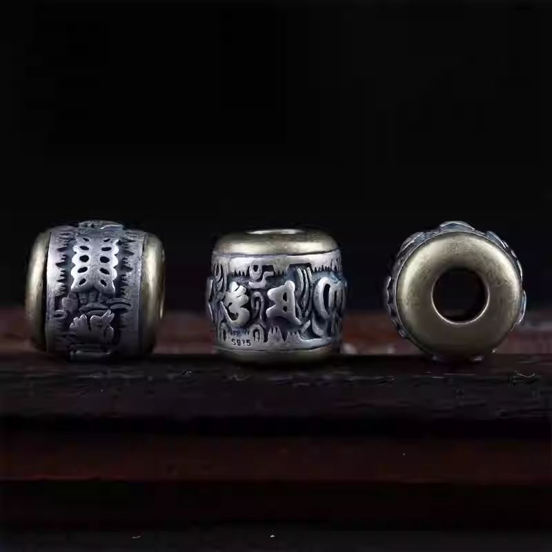 Tibetan Buddhist Jewelry Culture silver copper Om Mani Padme Hum barrel beads for DIY bracelets, Vajra star-moon accessory, handcrafted Tibetan jewelry art