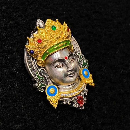 Tibetan Buddhist Jewelry Culture S925 silver Green Tara pendant, detailed jewelry art symbolizing healing and guidance.