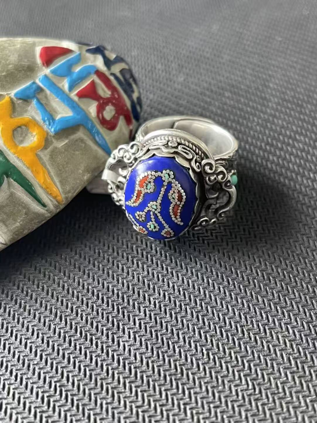 Authentic Tibetan Buddhist Jewelry Culture lapis lazuli patch ring in 925 silver, featuring exquisite hand-painted palace style jewelry art.