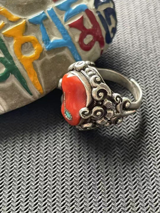 tibetan-buddhist jewelry: 925 silver red palace art ring