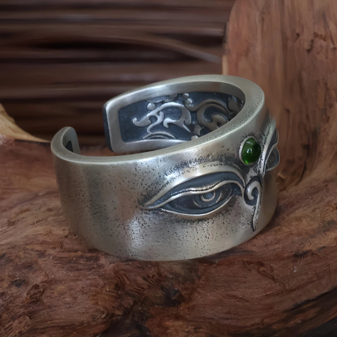 Handcrafted silver Green Tara Eye ring from Tibetan Buddhist Jewelry Culture, combining detailed jewelry art design with spiritual significance.