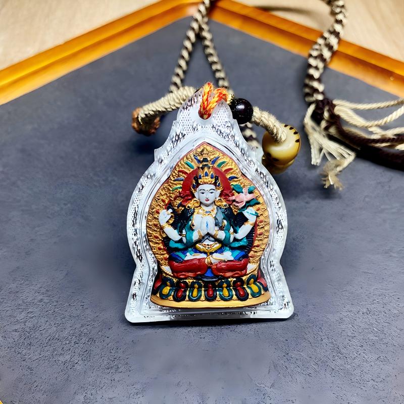 Tibetan Buddhist Jewelry Culture mineral pigment Avalokiteshvara tsatsa necklace, handcrafted pendant jewelry art offering compassion, spiritual guidance, and positive energy