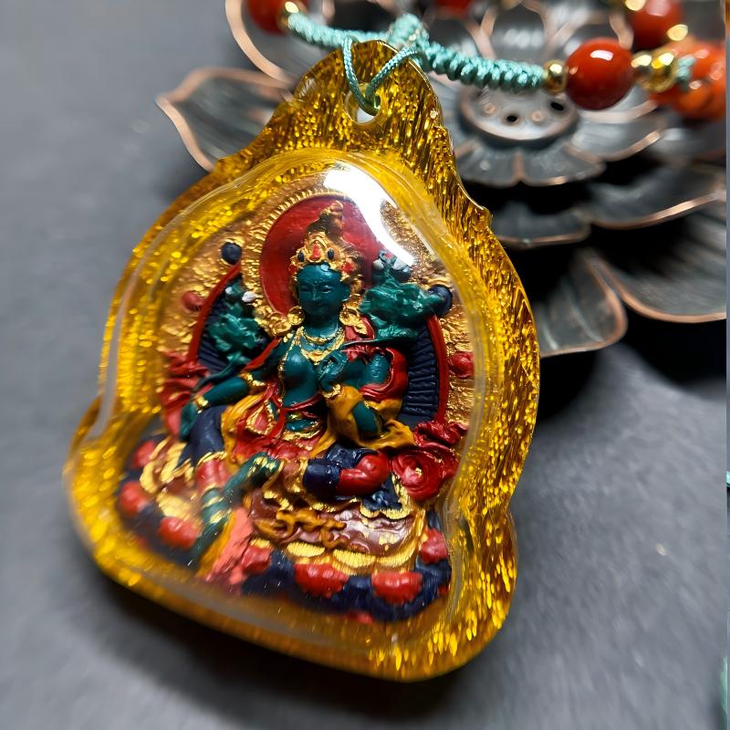 Tibetan Buddhist Jewelry Culture mineral pigment Green Tara tsatsa necklace, handcrafted pendant jewelry art offering spiritual guidance and positive energy