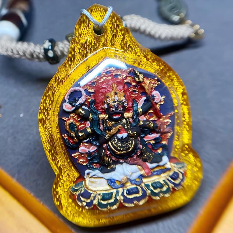 Tibetan Buddhist Jewelry Culture hand-painted Six-Armed Mahakala pendant, mineral pigment tsatsa Buddhist necklace jewelry art for spiritual protection and strength
