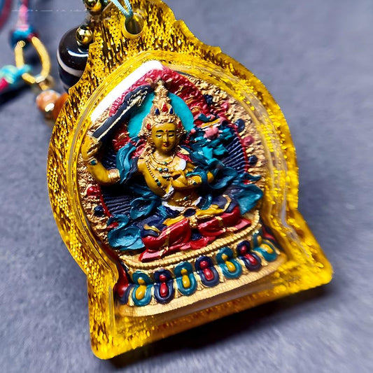 Tibetan Buddhist Jewelry Culture hand-painted Manjushri pendant, mineral pigment tsatsa amulet necklace jewelry art for wisdom, protection, and spiritual growth