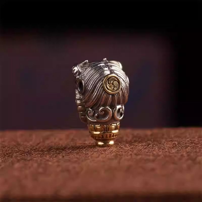 Tibetan Buddhist Jewelry Culture handcrafted silver Vajra three-connector Buddha head, DIY star-moon Rudraksha bead bracelet accessory, Tibetan jewelry art