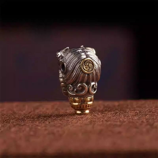 Tibetan Buddhist Jewelry Culture handcrafted silver Vajra three-connector Buddha head, DIY star-moon Rudraksha bead bracelet accessory, Tibetan jewelry art