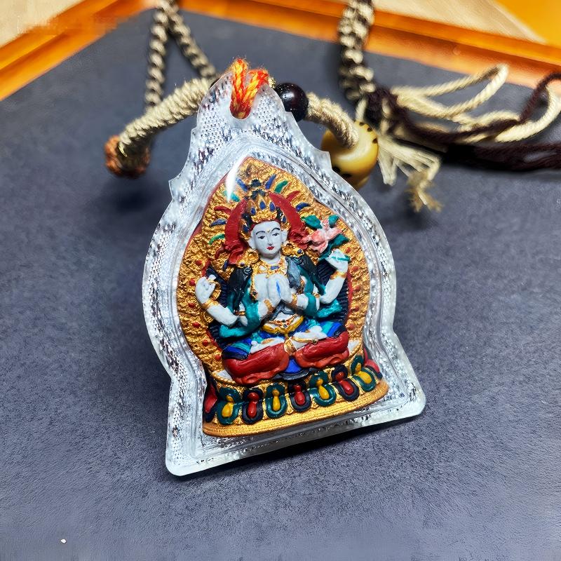 Tibetan Buddhist Jewelry Culture handcrafted Four-Armed Avalokiteshvara thangka amulet pendant, miniature tsatsa jewelry art for mindfulness, healing, and protection