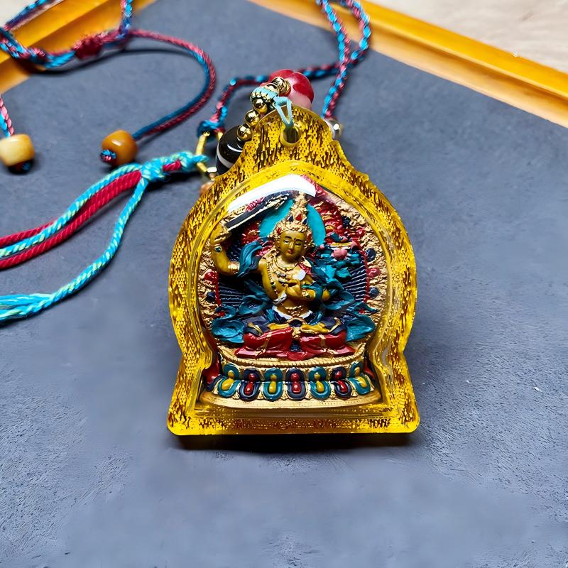 Tibetan Buddhist Jewelry Culture mineral pigment Manjushri tsatsa necklace, handcrafted pendant jewelry art offering wisdom, spiritual guidance, and positive energy