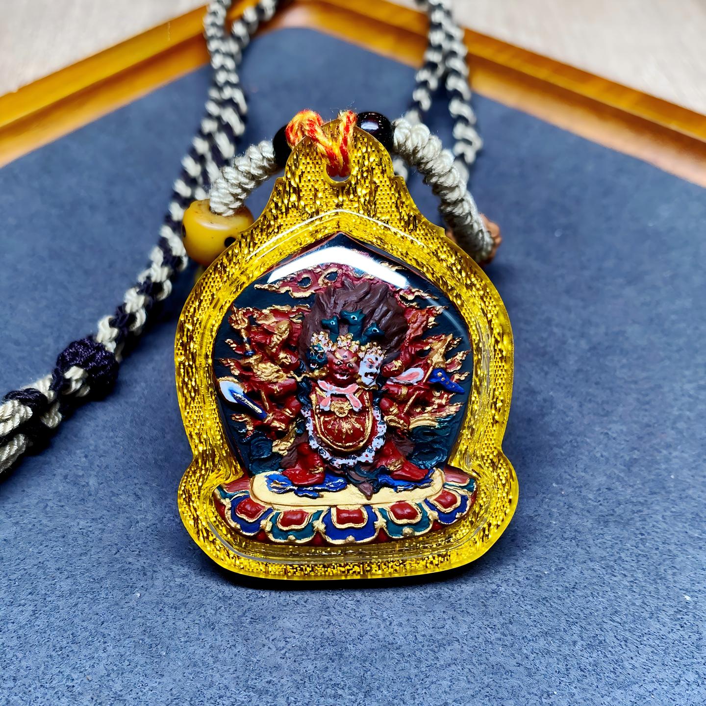 Tibetan Buddhist Jewelry Culture handcrafted Hayagriva thangka amulet pendant, miniature tsatsa jewelry art for mindfulness, protection, and positive energy