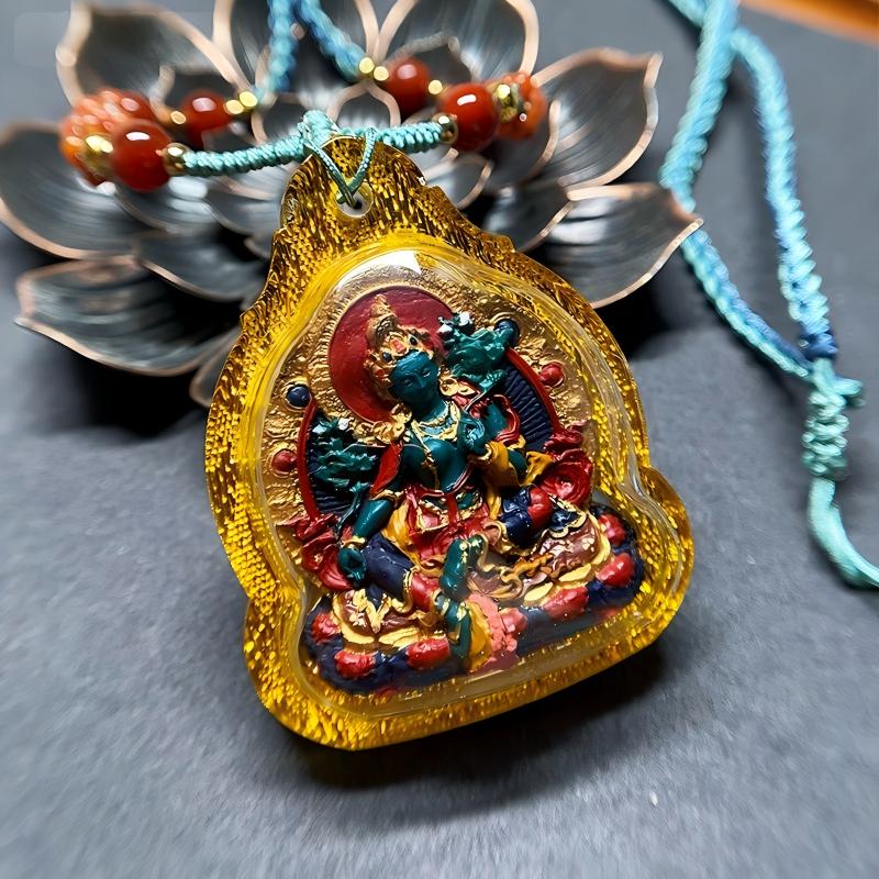 Tibetan Buddhist Jewelry Culture Green Tara medicine tsatsa pendant, hand-painted amulet jewelry art providing courage, healing, and daily spiritual protection