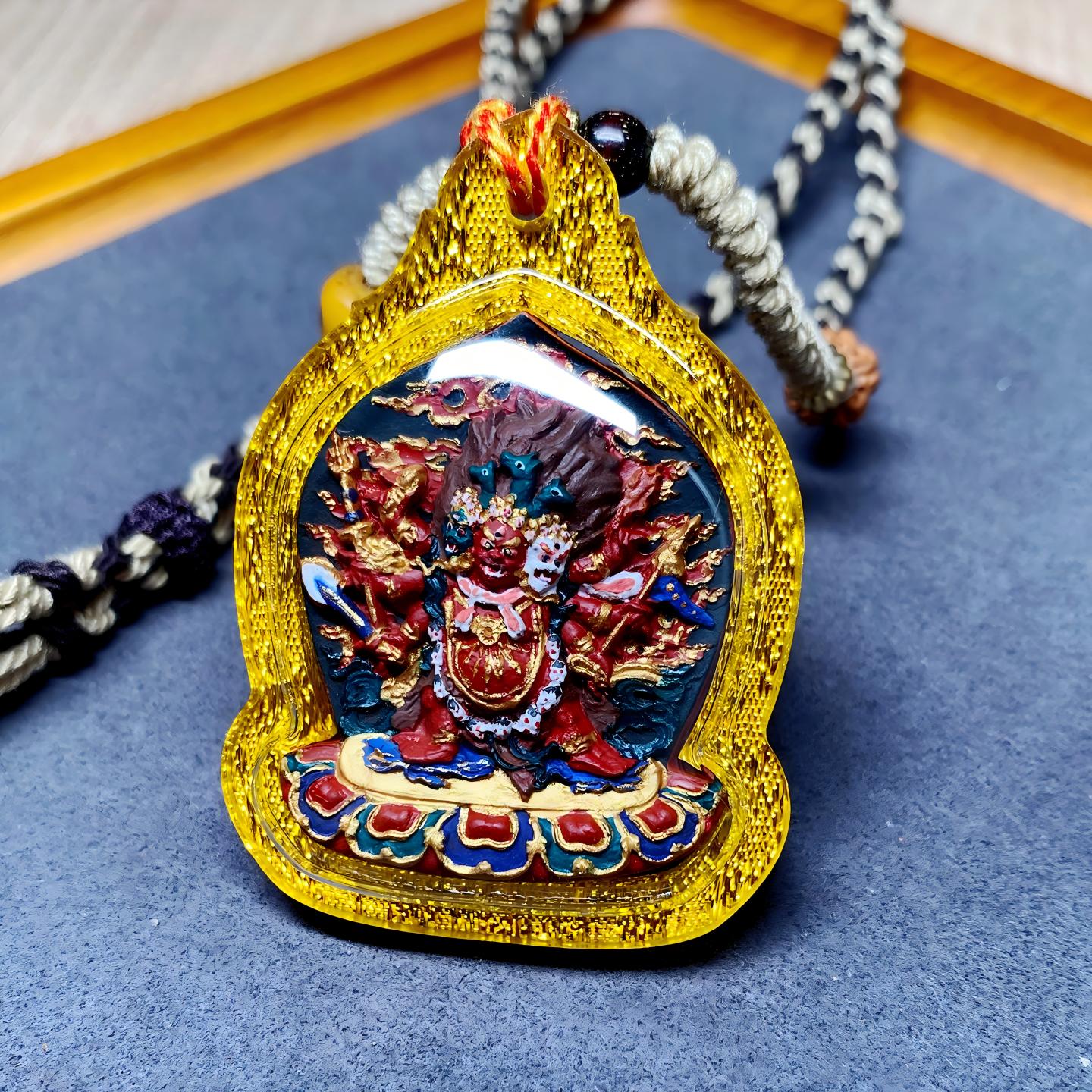 Tibetan Buddhist Jewelry Culture Hayagriva medicine tsatsa pendant, hand-painted amulet jewelry art providing courage, spiritual guidance, and daily protection
